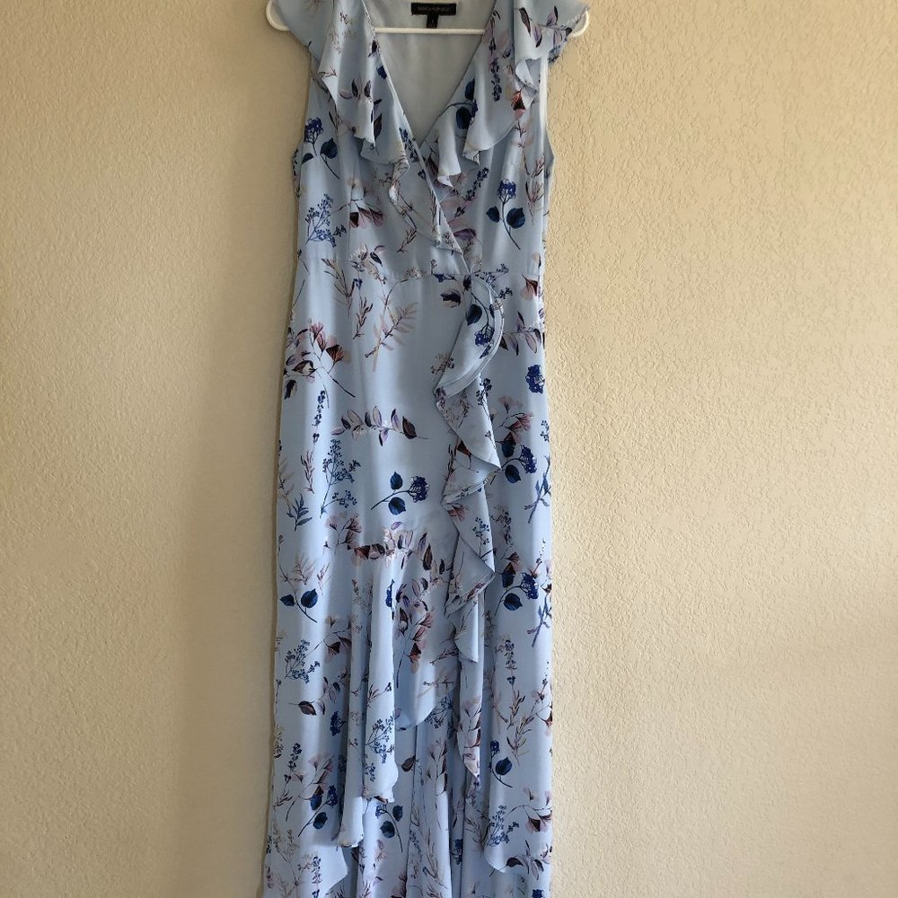 Banana Republic Dusty Blue Print Ruffled High Low Midi Dress